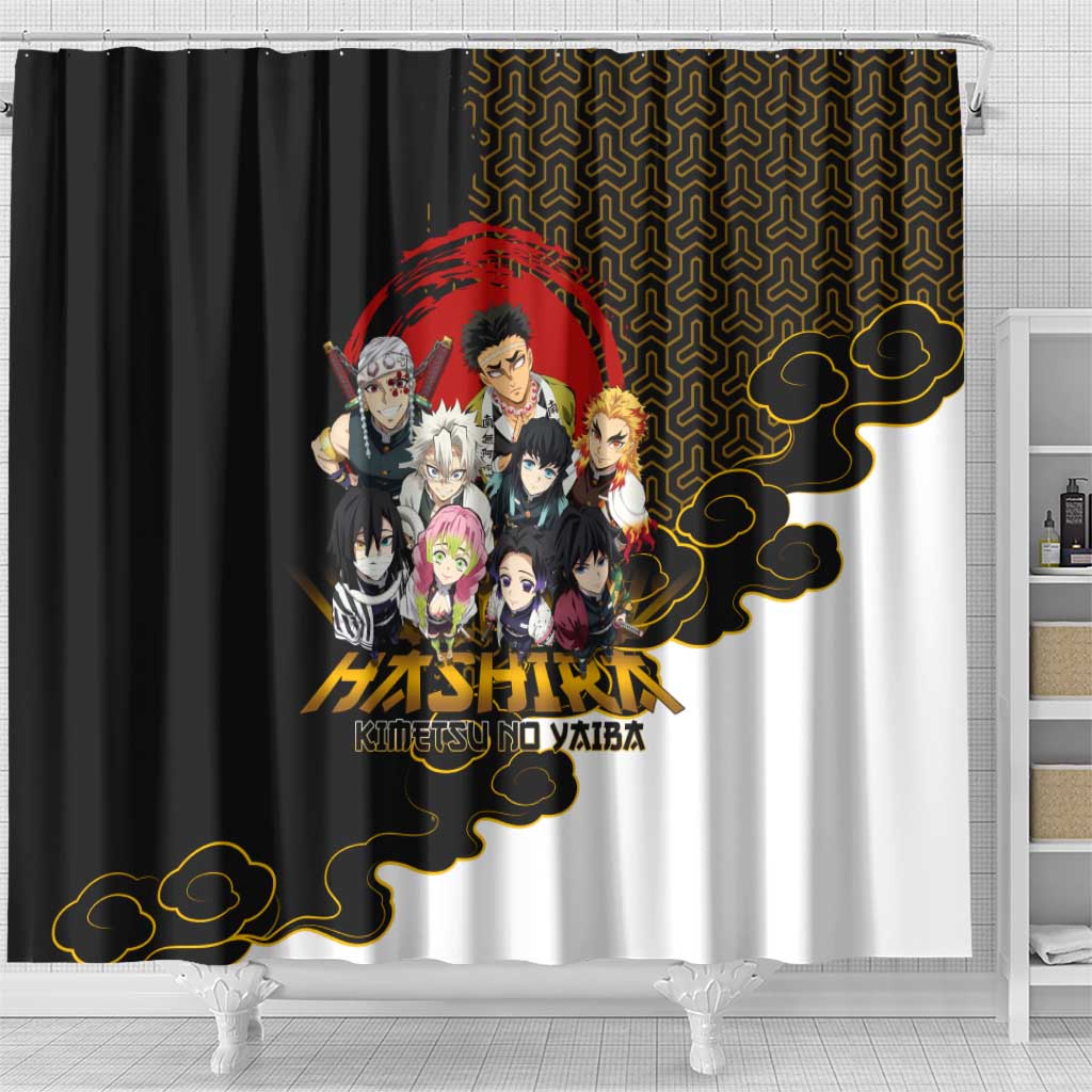 Demon Slayer Hashira Group Design Shower Curtain with Gold Cloud Pattern and Stylized Kanji Motif - The Mazicc
