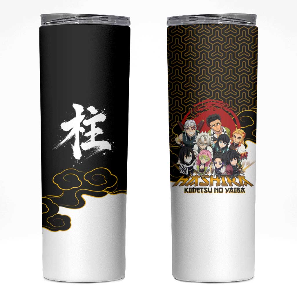 Demon Slayer Hashira Group Design Skinny Tumbler with Gold Cloud Pattern and Stylized Kanji Motif - The Mazicc