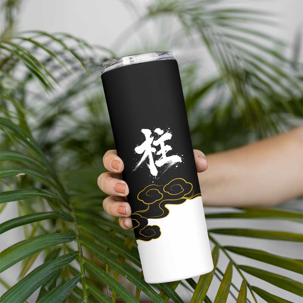 Demon Slayer Hashira Group Design Skinny Tumbler with Gold Cloud Pattern and Stylized Kanji Motif - The Mazicc