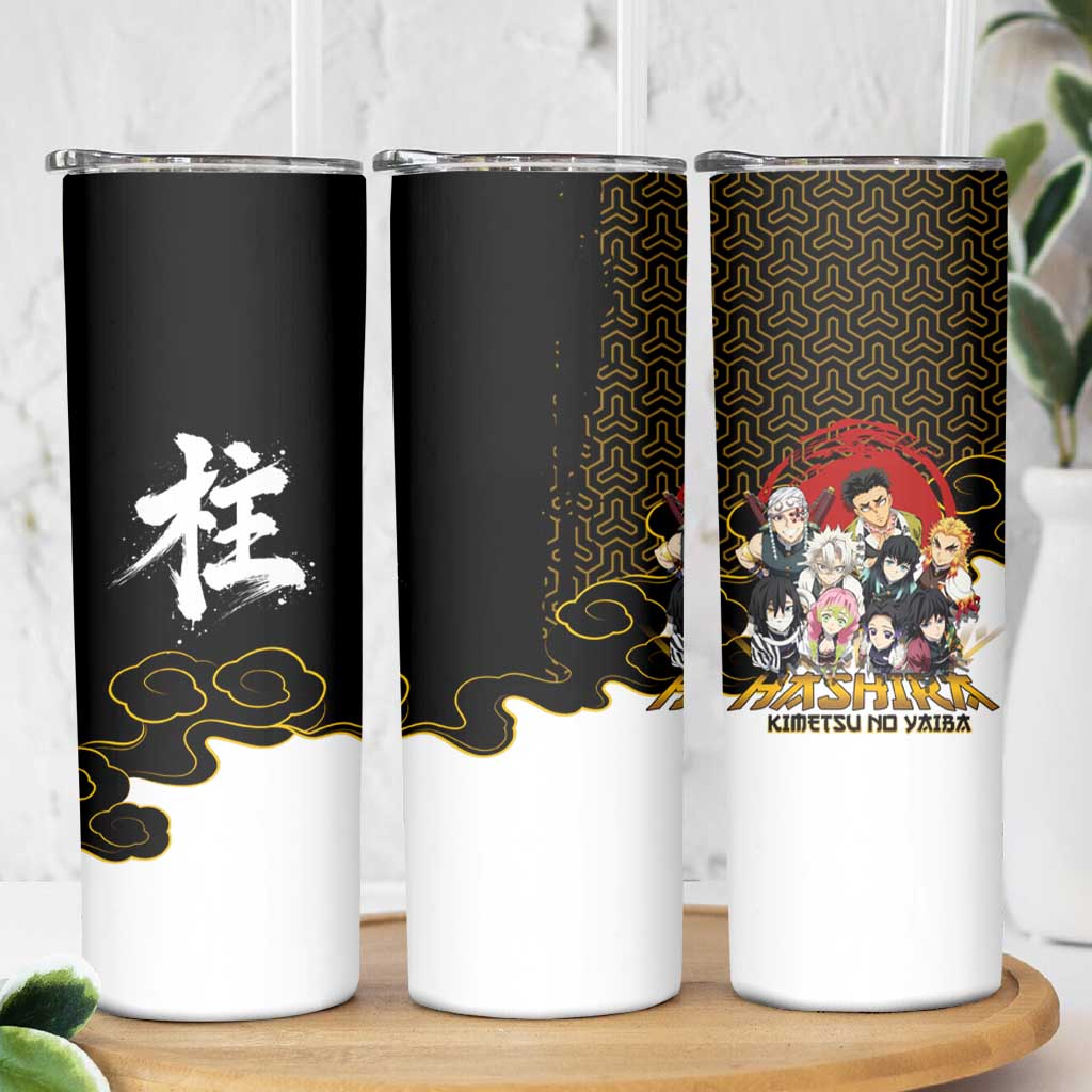 Demon Slayer Hashira Group Design Skinny Tumbler with Gold Cloud Pattern and Stylized Kanji Motif - The Mazicc