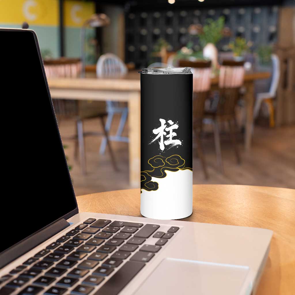 Demon Slayer Hashira Group Design Skinny Tumbler with Gold Cloud Pattern and Stylized Kanji Motif - The Mazicc