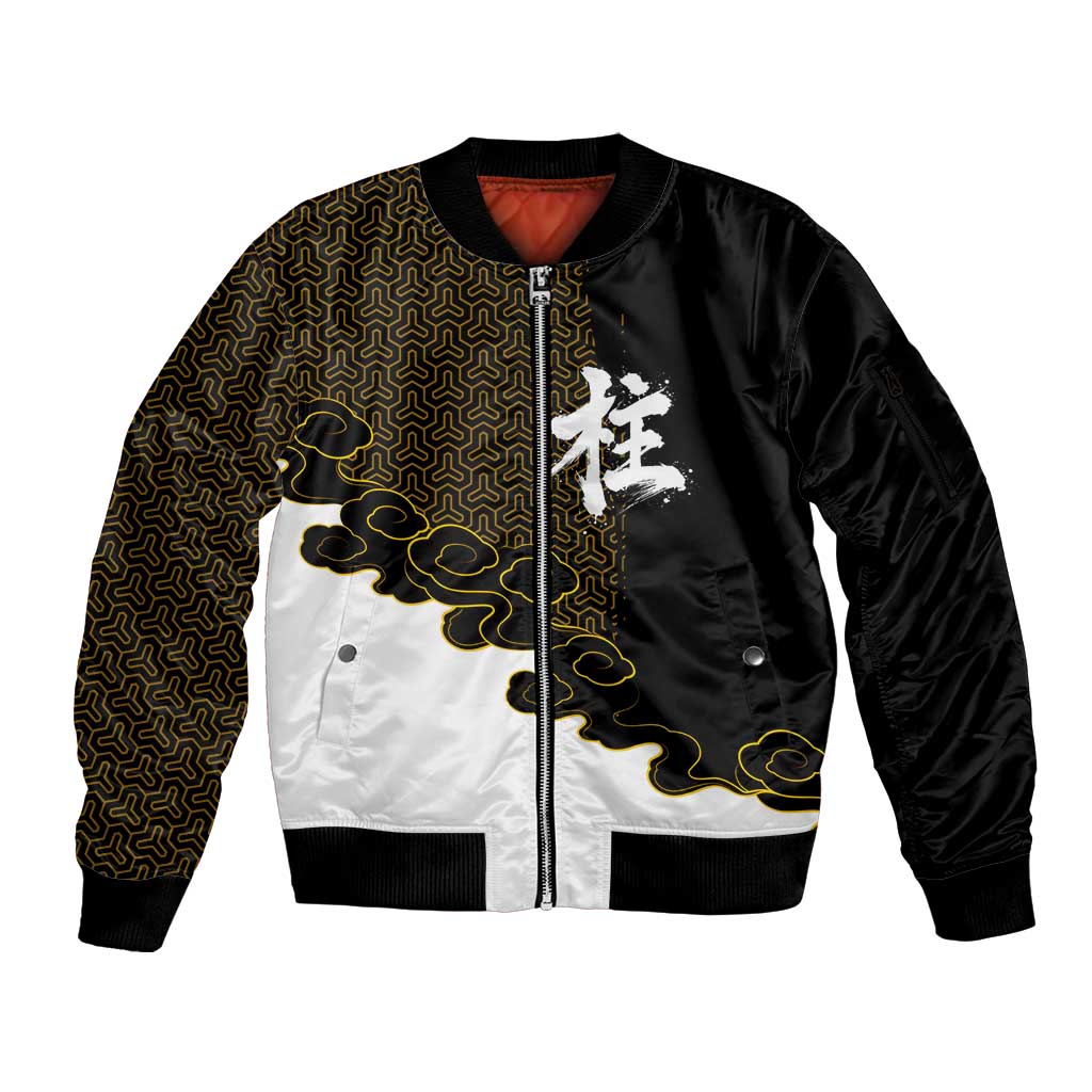 Demon Slayer Hashira Group Design Sleeve Zip Bomber Jacket with Gold Cloud Pattern and Stylized Kanji Motif - The Mazicc