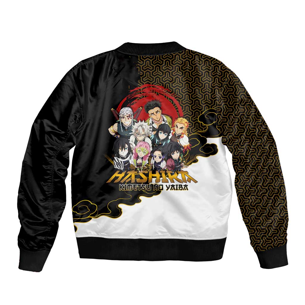 Demon Slayer Hashira Group Design Sleeve Zip Bomber Jacket with Gold Cloud Pattern and Stylized Kanji Motif - The Mazicc