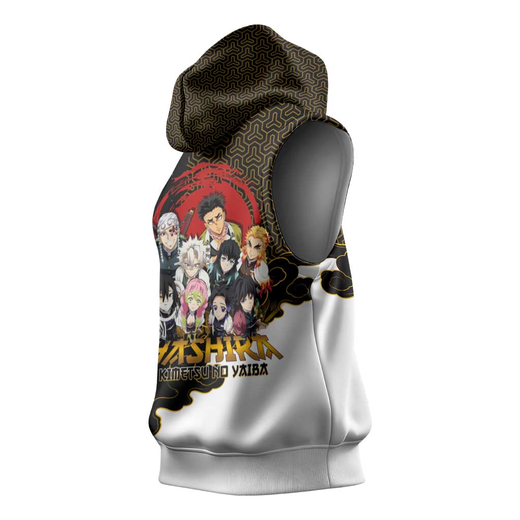 Demon Slayer Hashira Group Design Sleeveless Hoodie with Gold Cloud Pattern and Stylized Kanji Motif - The Mazicc