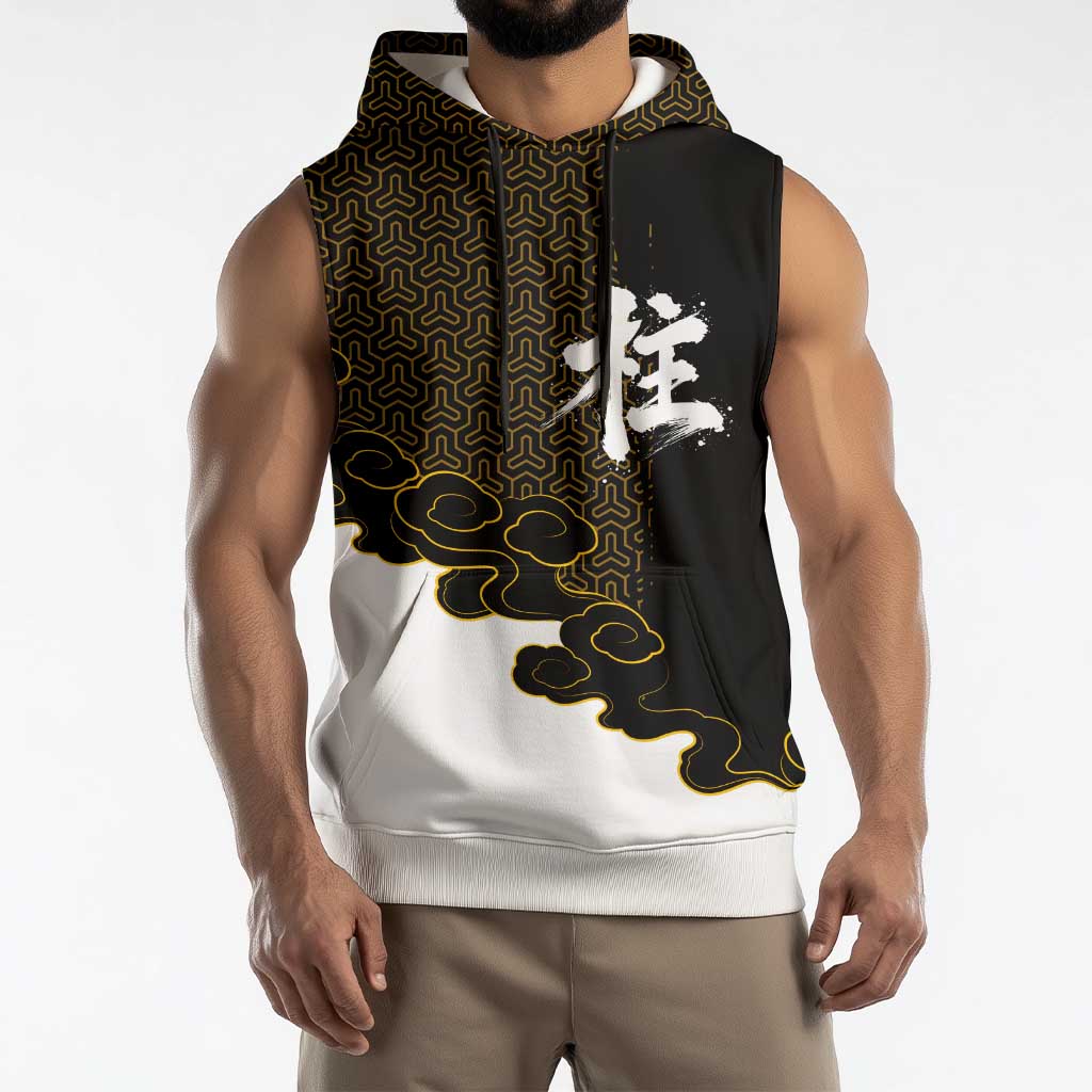Demon Slayer Hashira Group Design Sleeveless Hoodie with Gold Cloud Pattern and Stylized Kanji Motif - The Mazicc