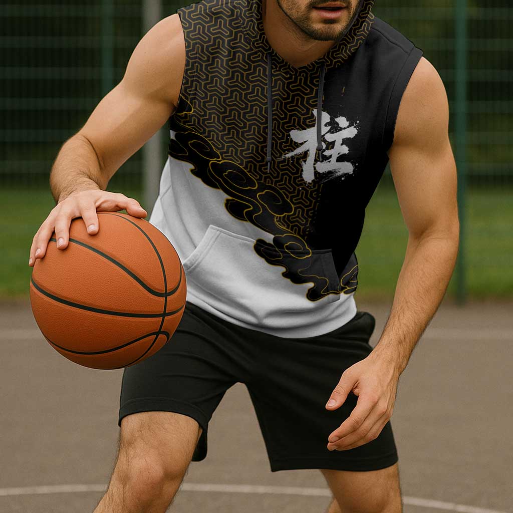 Demon Slayer Hashira Group Design Sleeveless Hoodie with Gold Cloud Pattern and Stylized Kanji Motif - The Mazicc