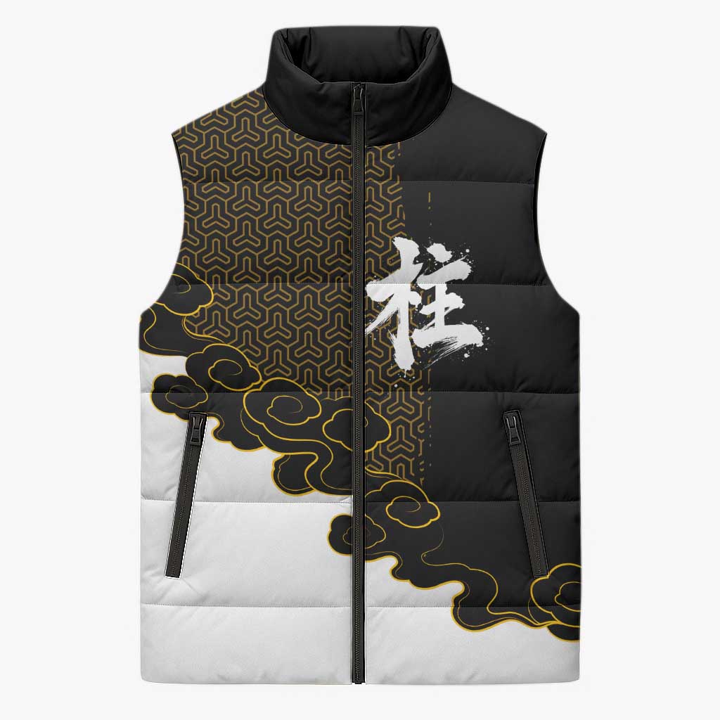 Demon Slayer Hashira Group Design Sleeveless Puffer Jacket with Gold Cloud Pattern and Stylized Kanji Motif - The Mazicc
