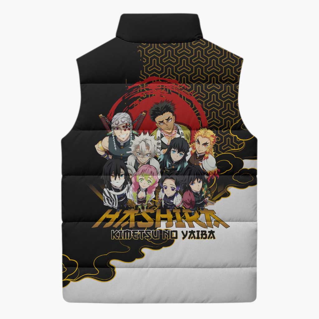 Demon Slayer Hashira Group Design Sleeveless Puffer Jacket with Gold Cloud Pattern and Stylized Kanji Motif - The Mazicc