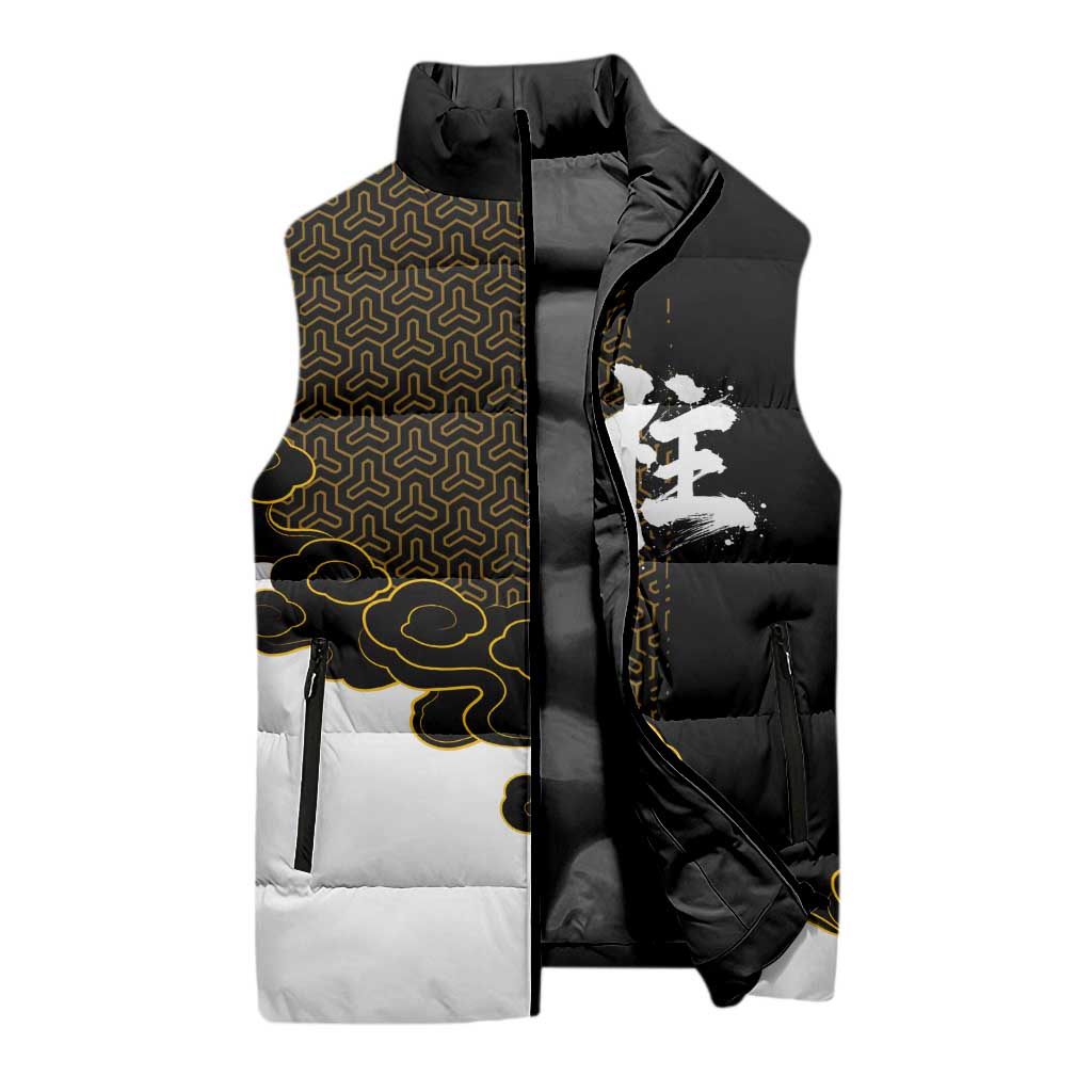 Demon Slayer Hashira Group Design Sleeveless Puffer Jacket with Gold Cloud Pattern and Stylized Kanji Motif - The Mazicc