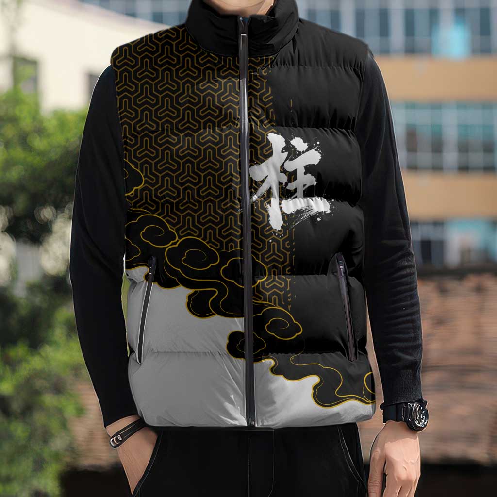 Demon Slayer Hashira Group Design Sleeveless Puffer Jacket with Gold Cloud Pattern and Stylized Kanji Motif - The Mazicc