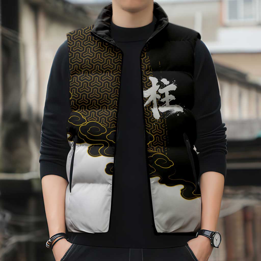 Demon Slayer Hashira Group Design Sleeveless Puffer Jacket with Gold Cloud Pattern and Stylized Kanji Motif - The Mazicc