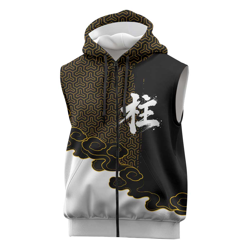 Demon Slayer Hashira Group Design Sleeveless Zip Hoodie with Gold Cloud Pattern and Stylized Kanji Motif - The Mazicc