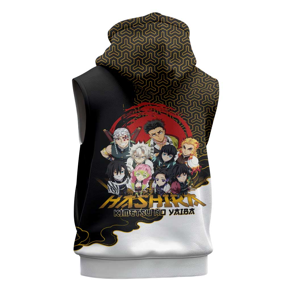Demon Slayer Hashira Group Design Sleeveless Zip Hoodie with Gold Cloud Pattern and Stylized Kanji Motif - The Mazicc