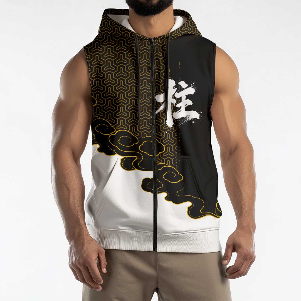 Demon Slayer Hashira Group Design Sleeveless Zip Hoodie with Gold Cloud Pattern and Stylized Kanji Motif - The Mazicc