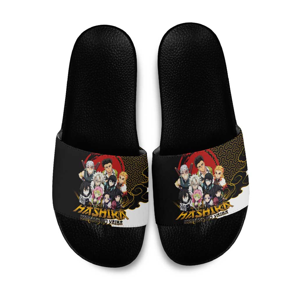 Demon Slayer Hashira Group Design Slide Sandals with Gold Cloud Pattern and Stylized Kanji Motif - The Mazicc