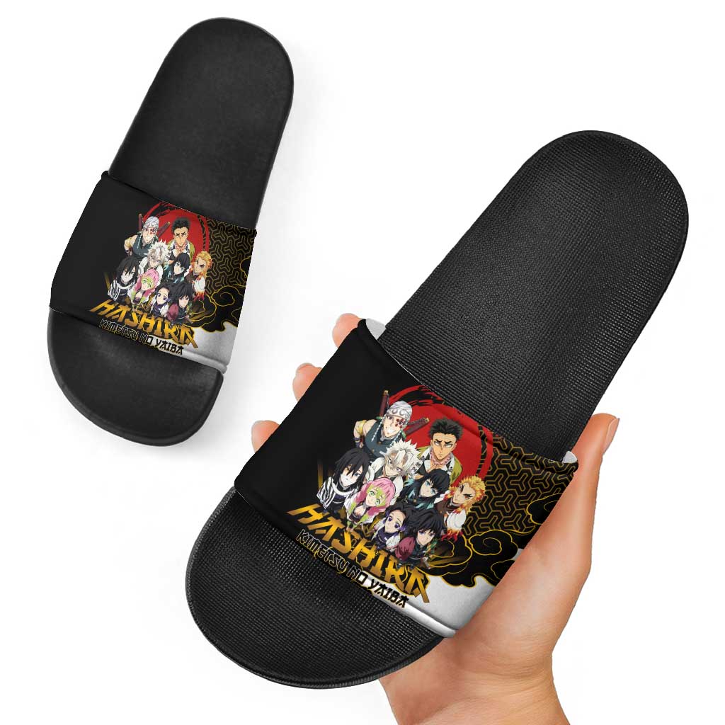 Demon Slayer Hashira Group Design Slide Sandals with Gold Cloud Pattern and Stylized Kanji Motif - The Mazicc