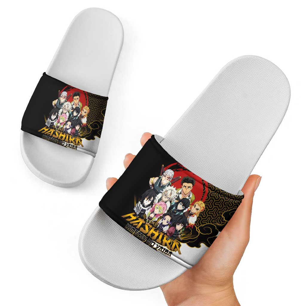 Demon Slayer Hashira Group Design Slide Sandals with Gold Cloud Pattern and Stylized Kanji Motif - The Mazicc