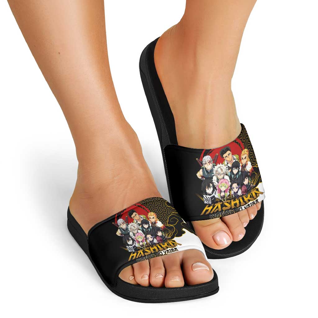 Demon Slayer Hashira Group Design Slide Sandals with Gold Cloud Pattern and Stylized Kanji Motif - The Mazicc