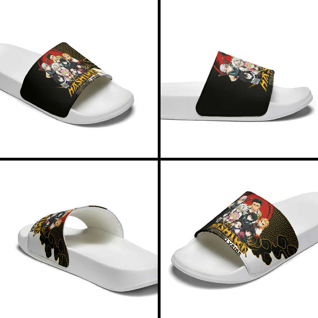 Demon Slayer Hashira Group Design Slide Sandals with Gold Cloud Pattern and Stylized Kanji Motif - The Mazicc