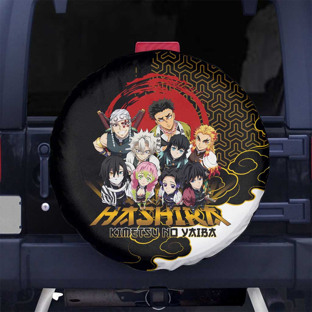 Demon Slayer Hashira Group Design Spare Tire Cover with Gold Cloud Pattern and Stylized Kanji Motif - The Mazicc