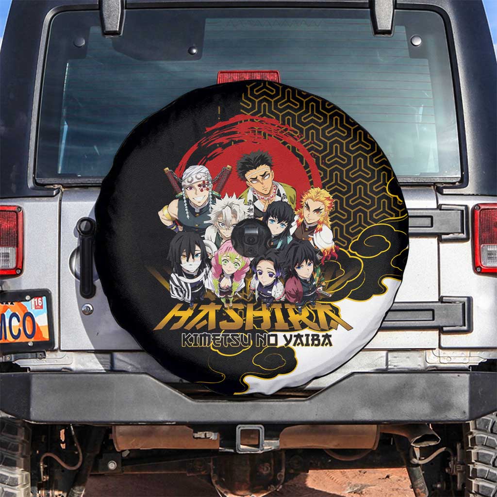 Demon Slayer Hashira Group Design Spare Tire Cover with Gold Cloud Pattern and Stylized Kanji Motif - The Mazicc