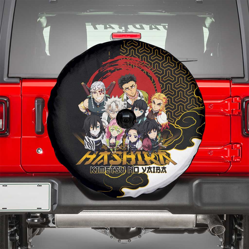Demon Slayer Hashira Group Design Spare Tire Cover with Gold Cloud Pattern and Stylized Kanji Motif - The Mazicc