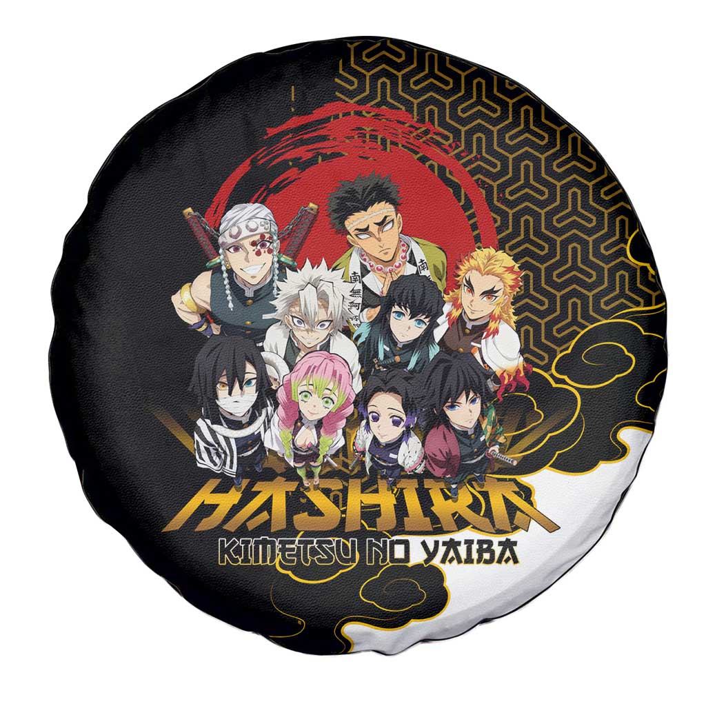 Demon Slayer Hashira Group Design Spare Tire Cover with Gold Cloud Pattern and Stylized Kanji Motif - The Mazicc