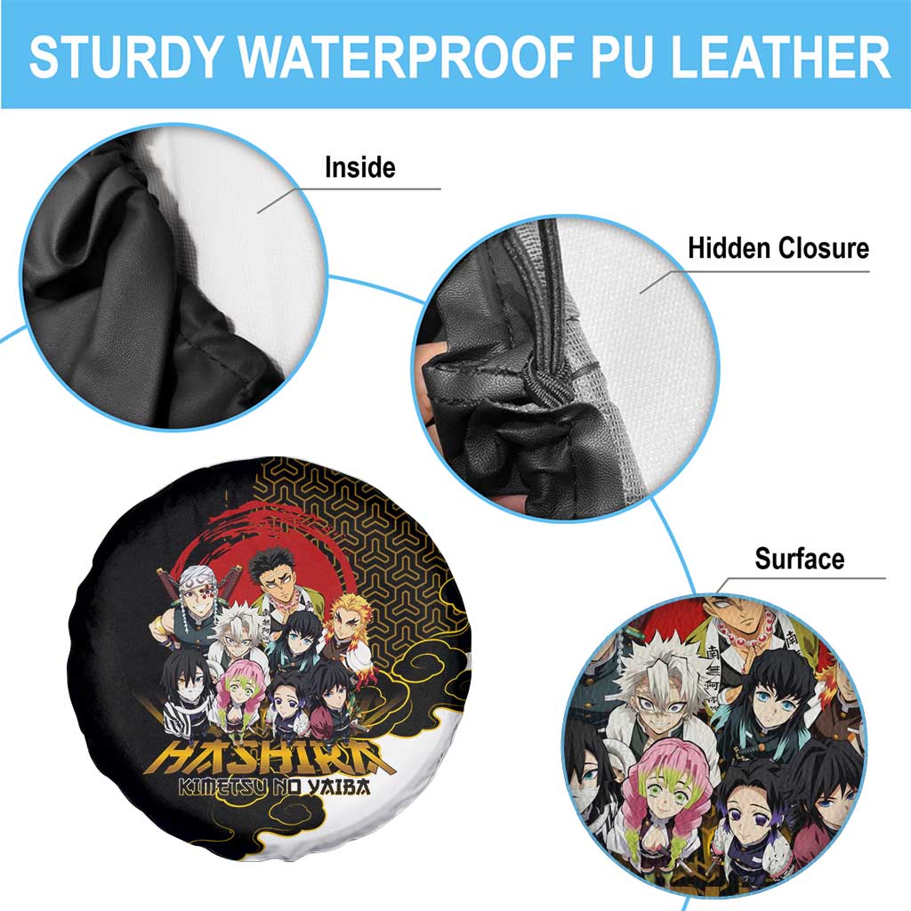 Demon Slayer Hashira Group Design Spare Tire Cover with Gold Cloud Pattern and Stylized Kanji Motif - The Mazicc