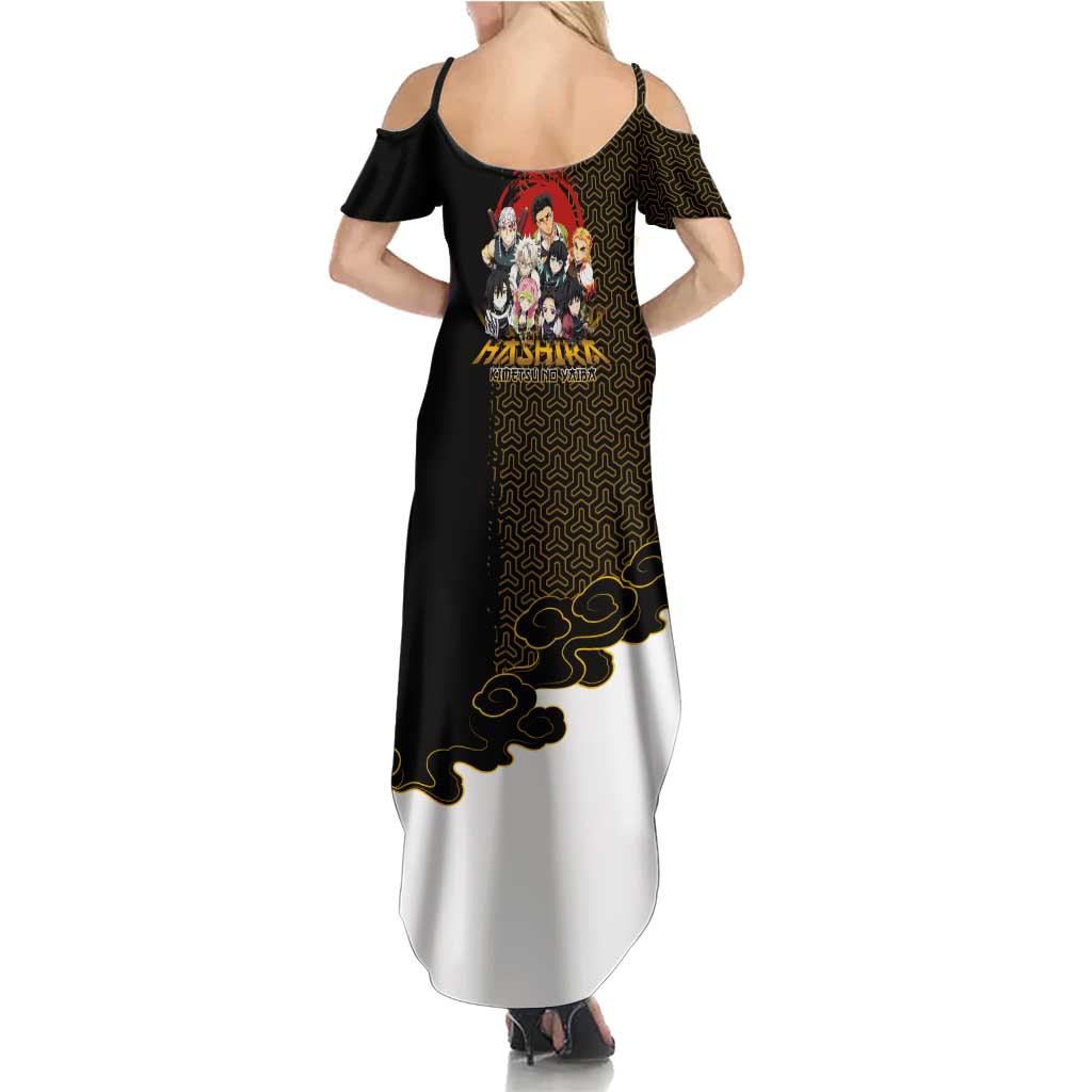 Demon Slayer Hashira Group Design Summer Maxi Dress with Gold Cloud Pattern and Stylized Kanji Motif - The Mazicc