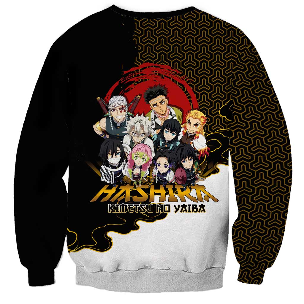 Demon Slayer Hashira Group Design Sweatshirt with Gold Cloud Pattern and Stylized Kanji Motif - The Mazicc