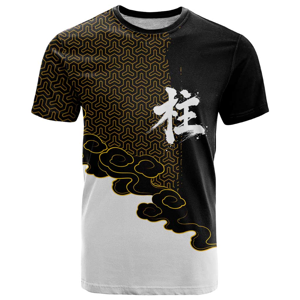 Demon Slayer Hashira Group Design T Shirt with Gold Cloud Pattern and Stylized Kanji Motif - The Mazicc
