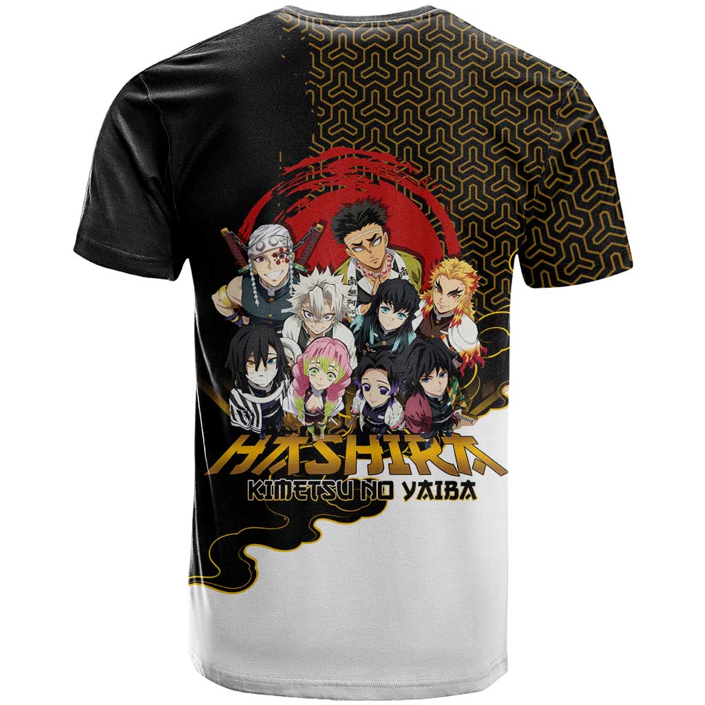 Demon Slayer Hashira Group Design T Shirt with Gold Cloud Pattern and Stylized Kanji Motif - The Mazicc