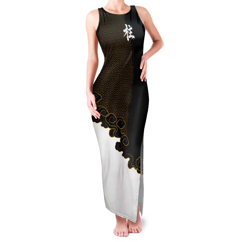 Demon Slayer Hashira Group Design Tank Maxi Dress with Gold Cloud Pattern and Stylized Kanji Motif - The Mazicc