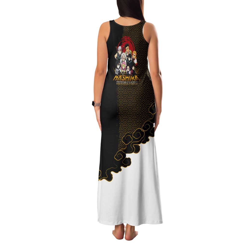 Demon Slayer Hashira Group Design Tank Maxi Dress with Gold Cloud Pattern and Stylized Kanji Motif - The Mazicc