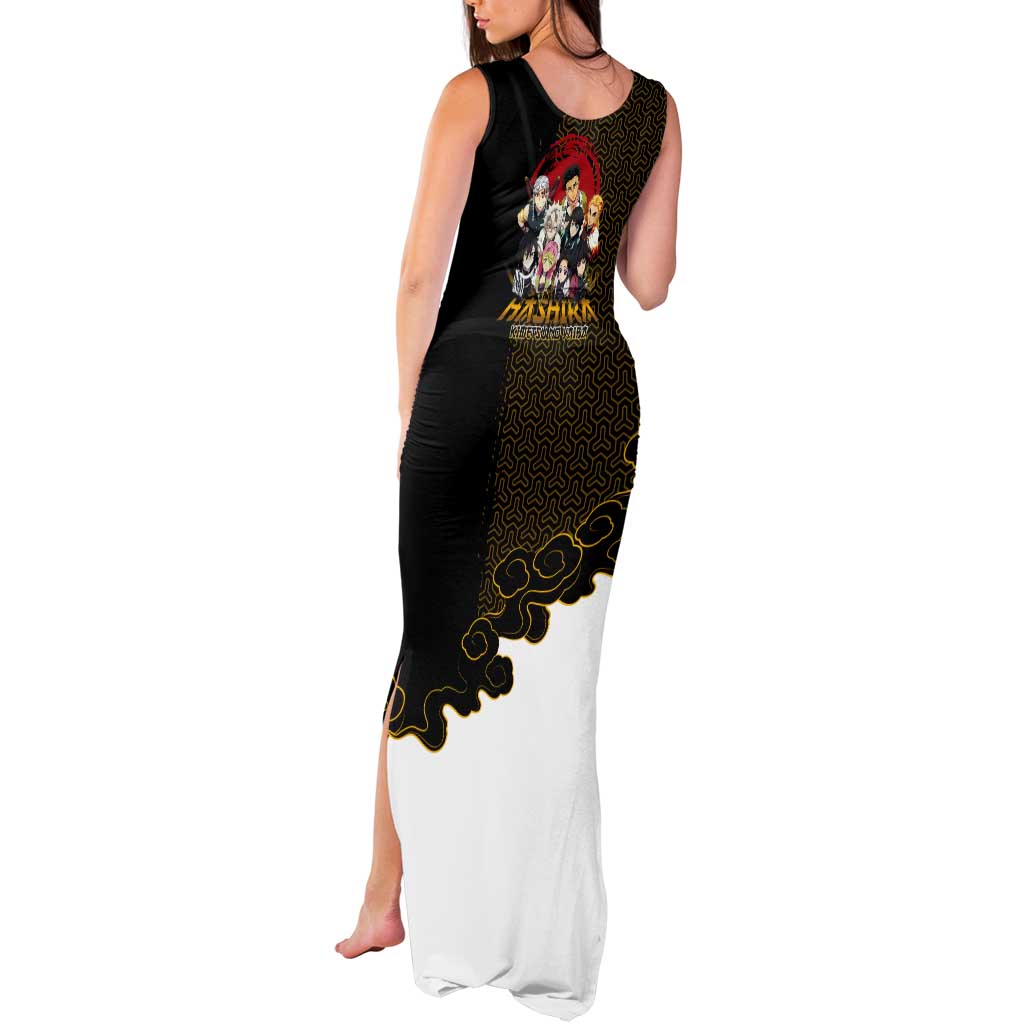Demon Slayer Hashira Group Design Tank Maxi Dress with Gold Cloud Pattern and Stylized Kanji Motif - The Mazicc