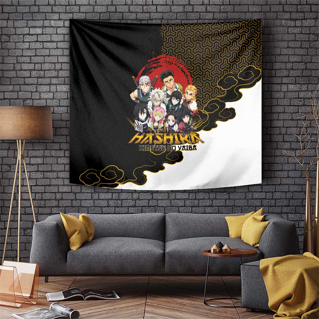 Demon Slayer Hashira Group Design Tapestry with Gold Cloud Pattern and Stylized Kanji Motif - The Mazicc