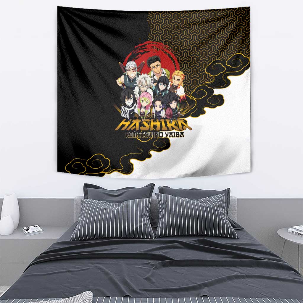 Demon Slayer Hashira Group Design Tapestry with Gold Cloud Pattern and Stylized Kanji Motif - The Mazicc