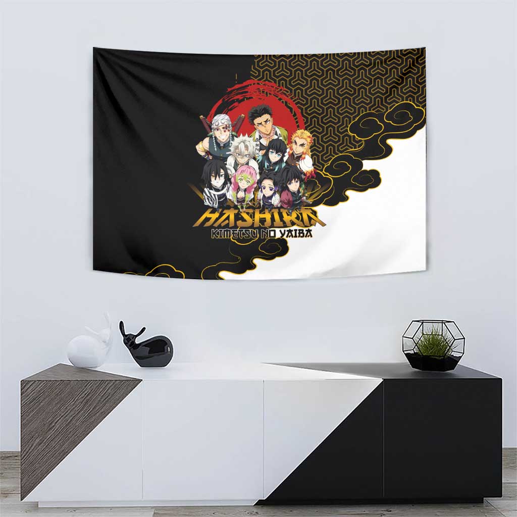 Demon Slayer Hashira Group Design Tapestry with Gold Cloud Pattern and Stylized Kanji Motif - The Mazicc