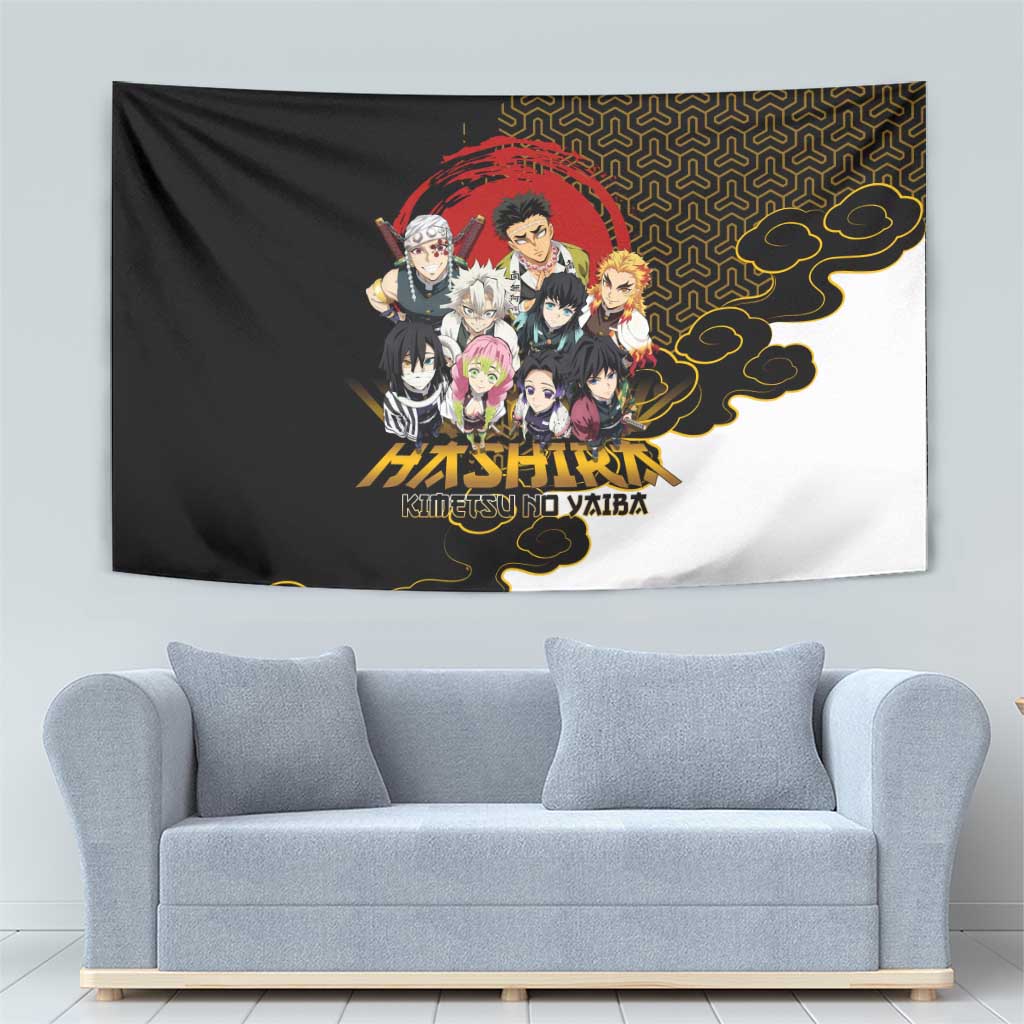 Demon Slayer Hashira Group Design Tapestry with Gold Cloud Pattern and Stylized Kanji Motif - The Mazicc