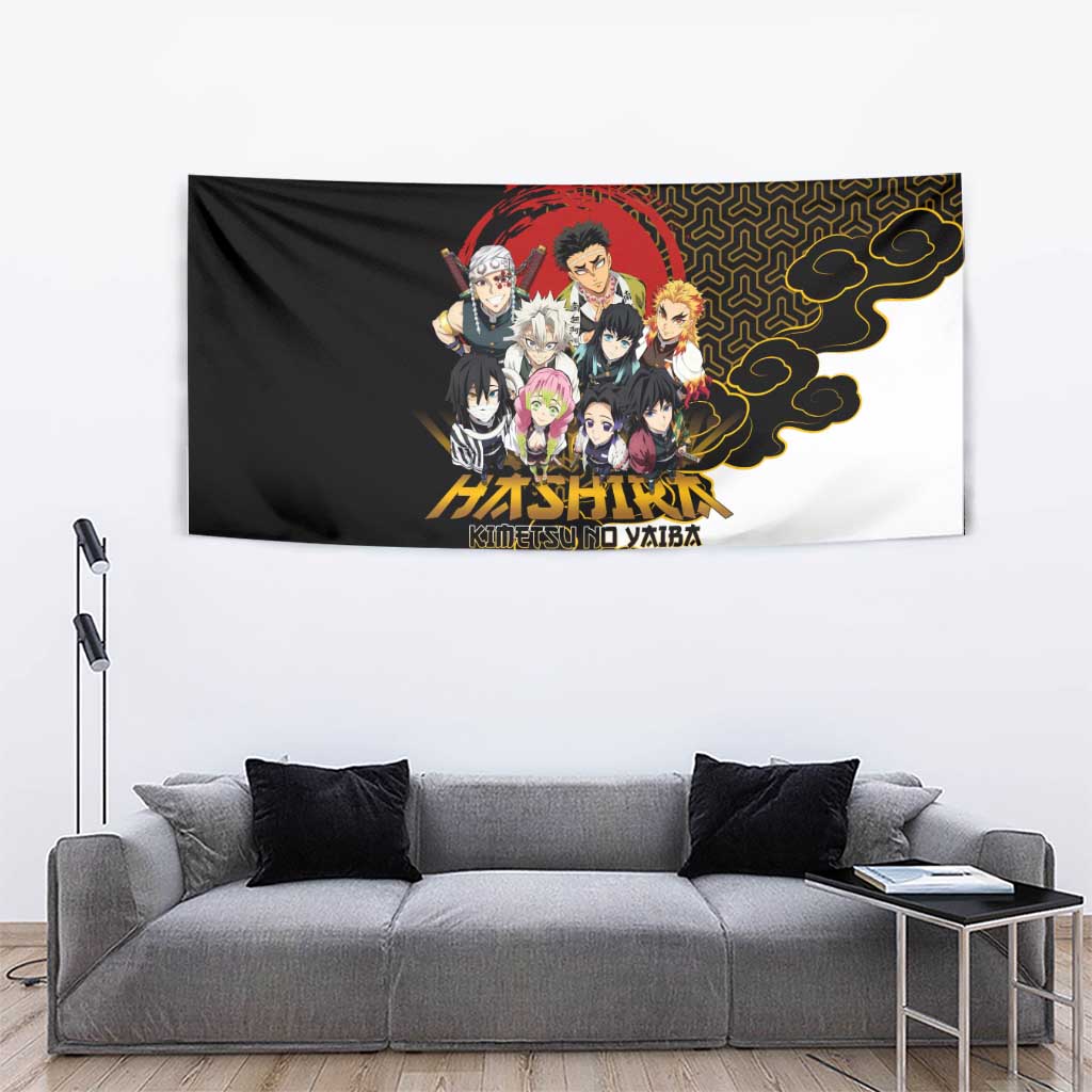 Demon Slayer Hashira Group Design Tapestry with Gold Cloud Pattern and Stylized Kanji Motif - The Mazicc