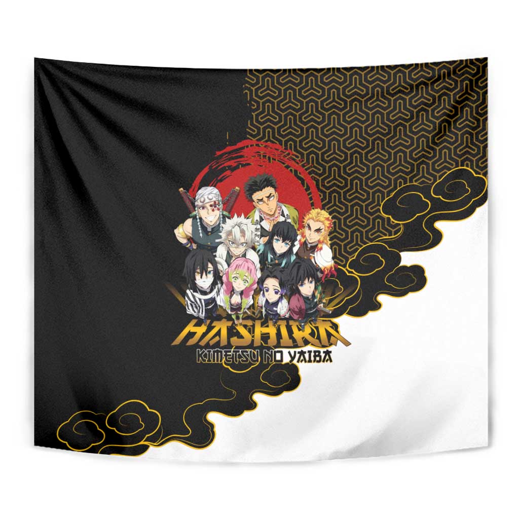 Demon Slayer Hashira Group Design Tapestry with Gold Cloud Pattern and Stylized Kanji Motif - The Mazicc
