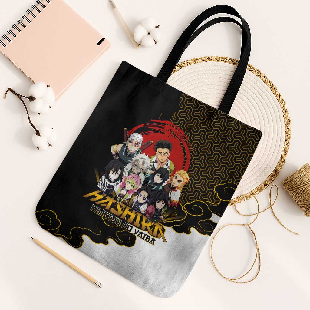 Demon Slayer Hashira Group Design Tote Bag with Gold Cloud Pattern and Stylized Kanji Motif - The Mazicc