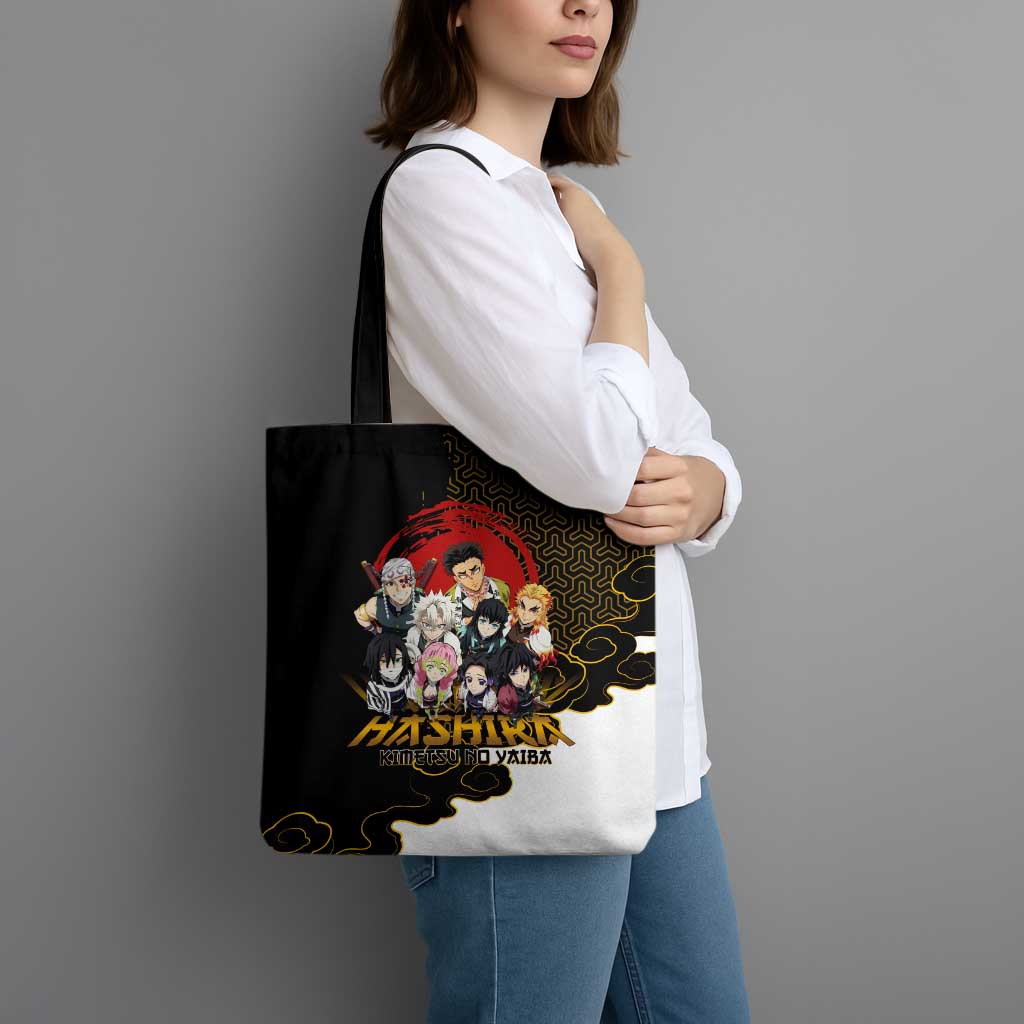 Demon Slayer Hashira Group Design Tote Bag with Gold Cloud Pattern and Stylized Kanji Motif - The Mazicc