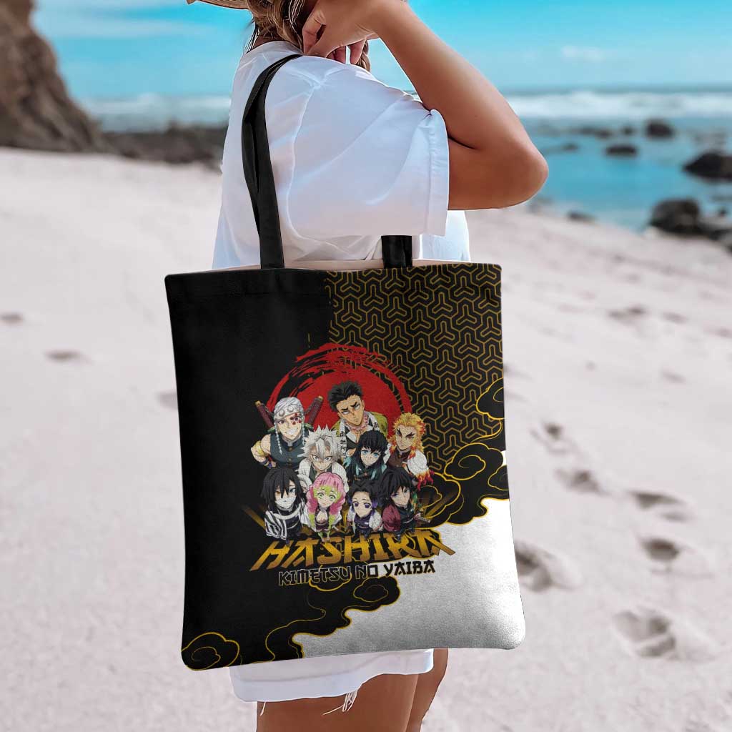 Demon Slayer Hashira Group Design Tote Bag with Gold Cloud Pattern and Stylized Kanji Motif - The Mazicc