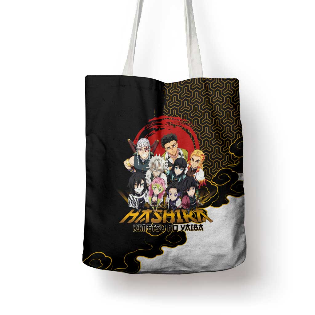 Demon Slayer Hashira Group Design Tote Bag with Gold Cloud Pattern and Stylized Kanji Motif - The Mazicc