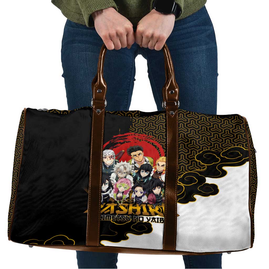 Demon Slayer Hashira Group Design Travel Bag with Gold Cloud Pattern and Stylized Kanji Motif - The Mazicc