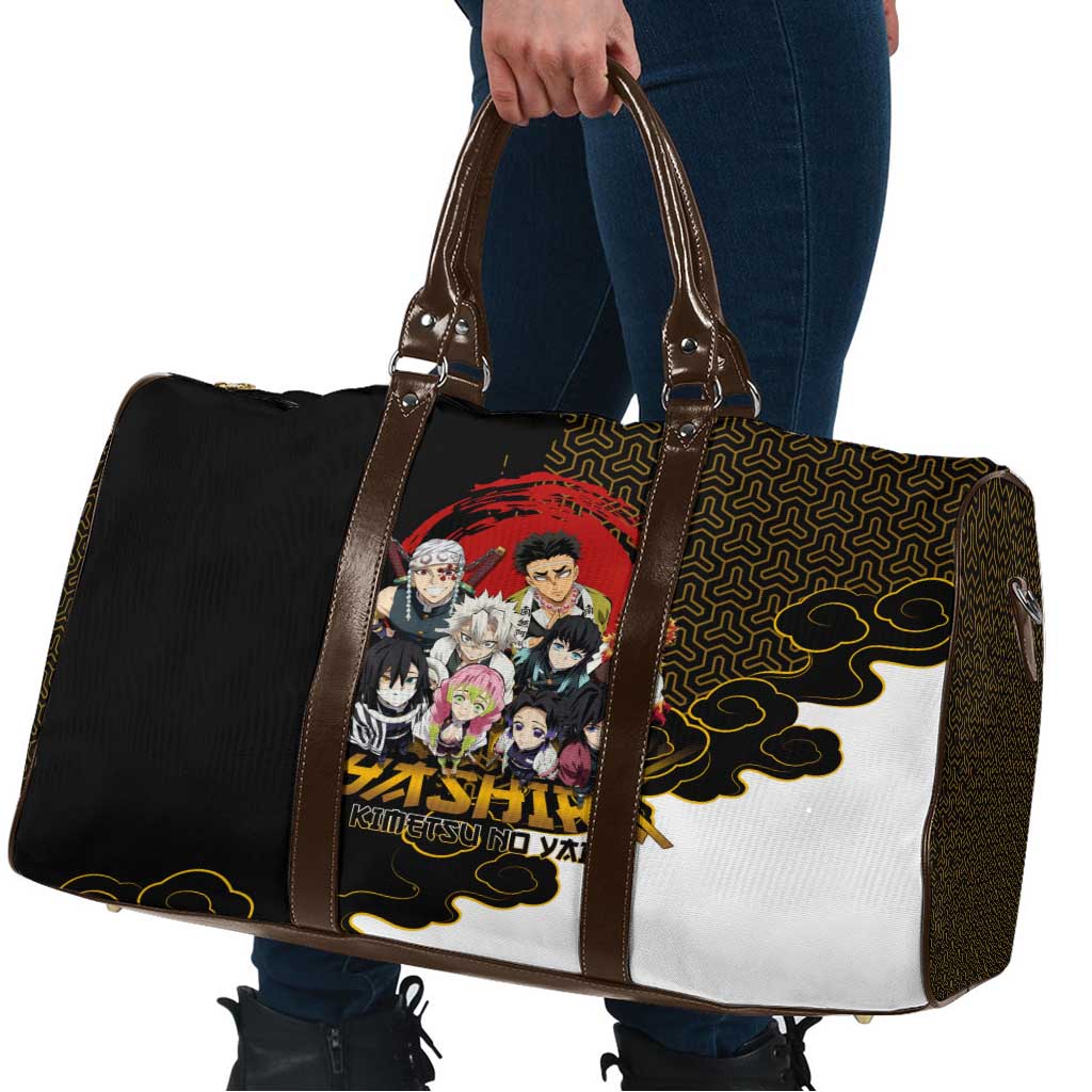 Demon Slayer Hashira Group Design Travel Bag with Gold Cloud Pattern and Stylized Kanji Motif - The Mazicc