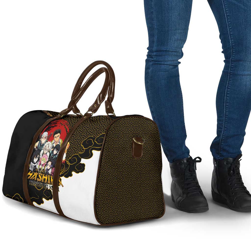 Demon Slayer Hashira Group Design Travel Bag with Gold Cloud Pattern and Stylized Kanji Motif - The Mazicc