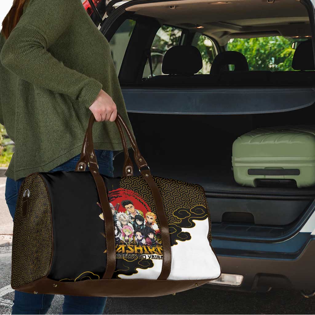 Demon Slayer Hashira Group Design Travel Bag with Gold Cloud Pattern and Stylized Kanji Motif - The Mazicc
