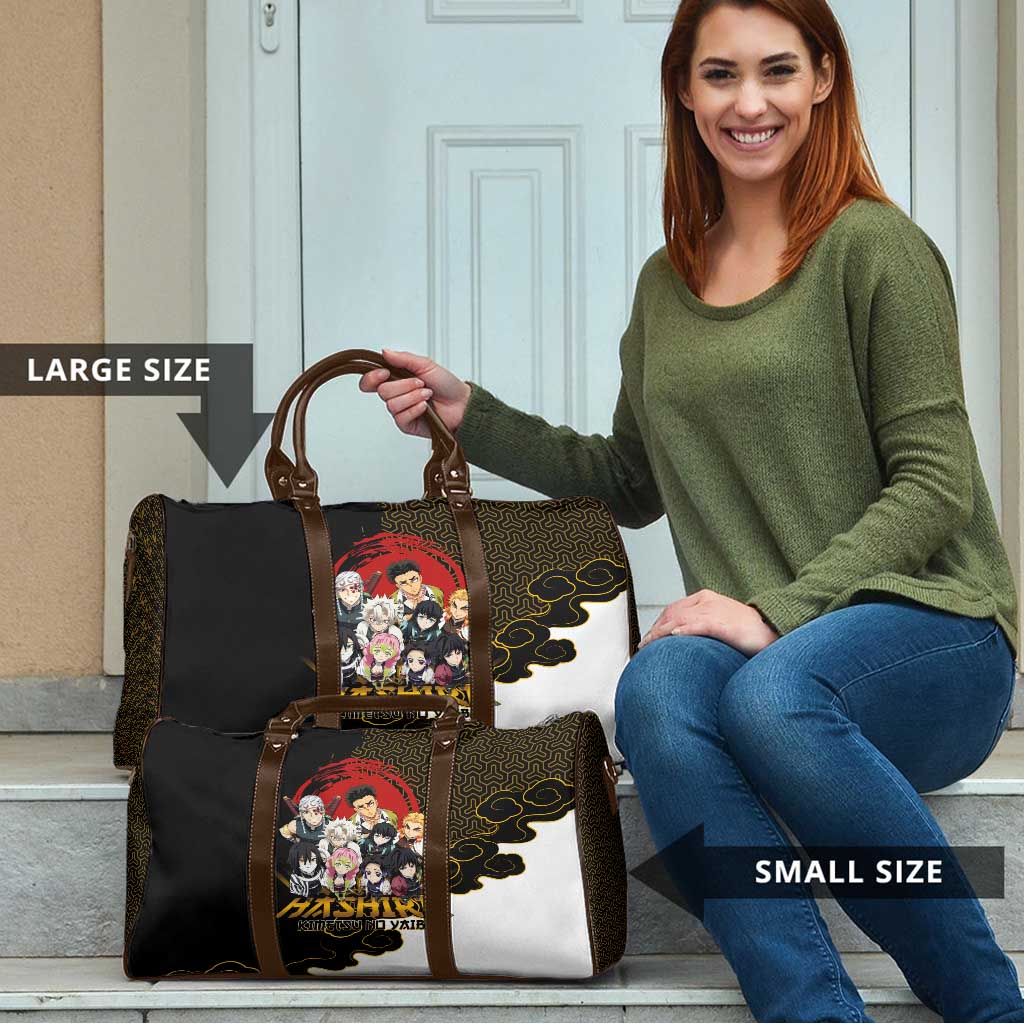 Demon Slayer Hashira Group Design Travel Bag with Gold Cloud Pattern and Stylized Kanji Motif - The Mazicc